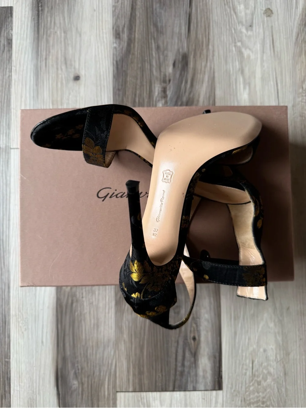 Gianvito Rossi Black Sandals with Gold Floral Detail